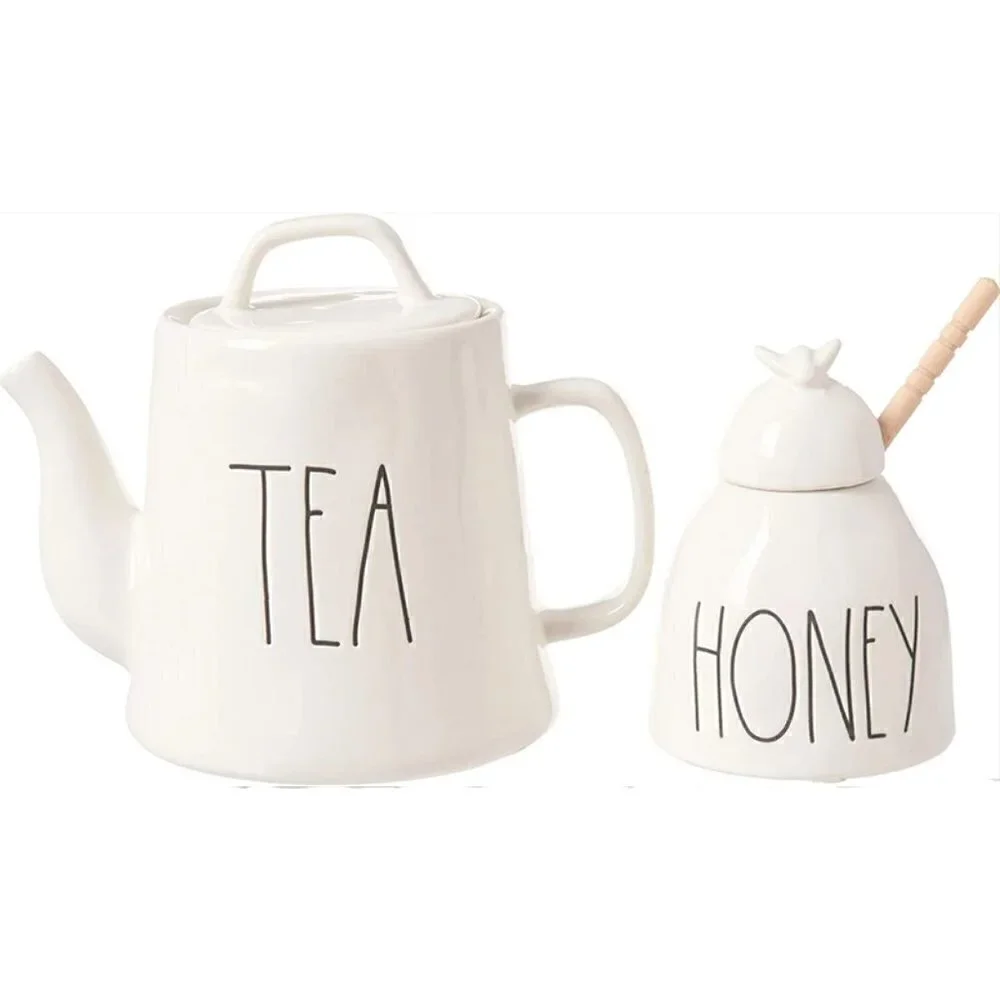 NIB Rae Dunn Honey Pot & Tea Pot Honey Dipper 3- Piece Creamware Gift Set